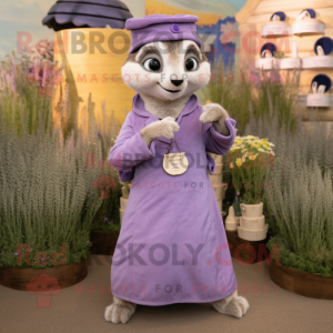 Lavender Meerkat mascot costume character dressed with a Culottes and Brooches