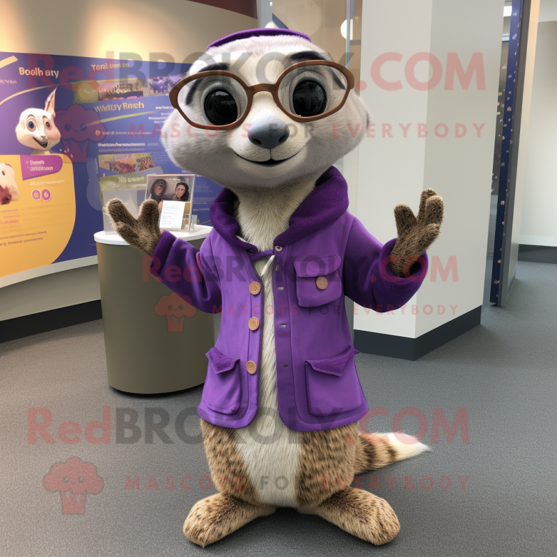 Lavender Meerkat mascot costume character dressed with a Culottes and Brooches Lavender Meerkat mascot costume character dressed with a Culottes and Brooches