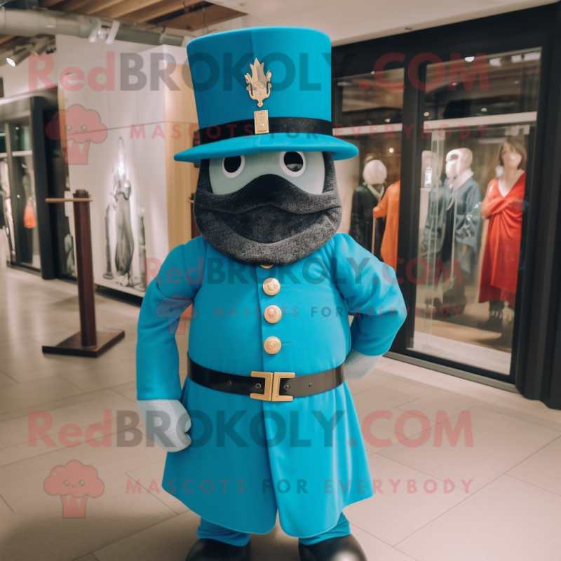 Teal British Royal Guard mascot costume character dressed with a Denim Shorts and Hat pins