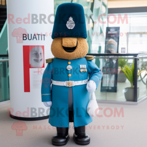 Teal British Royal Guard mascot costume character dressed with a Denim Shorts and Hat pins