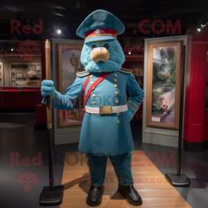 Teal British Royal Guard mascot costume character dressed with a Denim Shorts and Hat pins