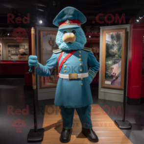 Teal British Royal Guard mascot costume character dressed with a Denim Shorts and Hat pins