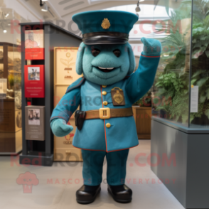 Teal British Royal Guard mascot costume character dressed with a Denim Shorts and Hat pins