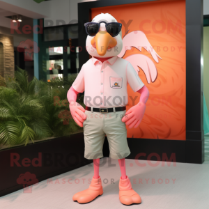 Peach Flamingo mascot costume character dressed with a Chinos and Eyeglasses