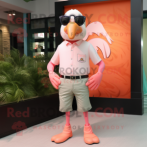 Peach Flamingo mascot costume character dressed with a Chinos and Eyeglasses