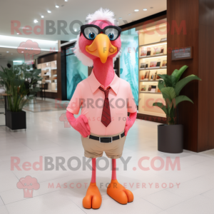 Peach Flamingo mascot costume character dressed with a Chinos and Eyeglasses