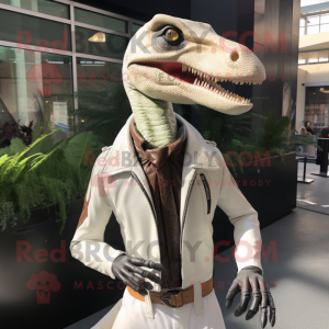 White Coelophysis mascot costume character dressed with a Leather Jacket and Tie pins