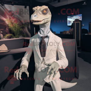 White Coelophysis mascot costume character dressed with a Leather Jacket and Tie pins