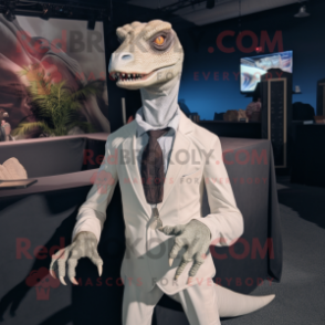 White Coelophysis mascot costume character dressed with a Leather Jacket and Tie pins