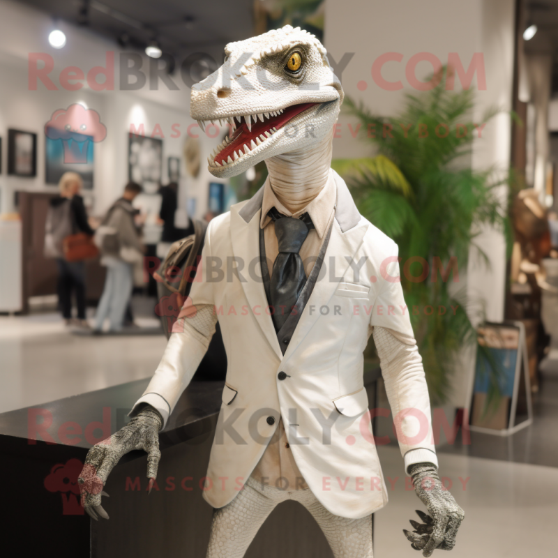 White Coelophysis mascot costume character dressed with a Leather Jacket and Tie pins