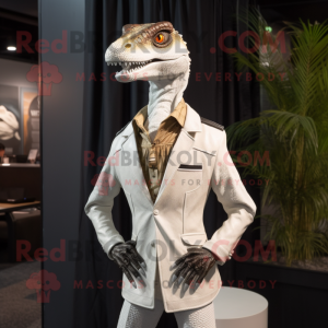 White Coelophysis mascot costume character dressed with a Leather Jacket and Tie pins