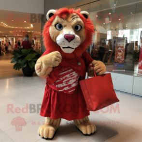 Red Saber-Toothed Tiger mascot costume character dressed with a Maxi Skirt and Tote bags