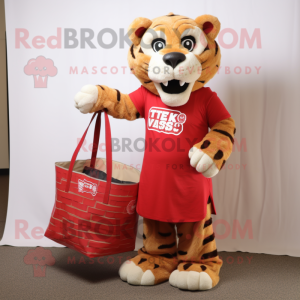 Red Saber-Toothed Tiger mascot costume character dressed with a Maxi Skirt and Tote bags