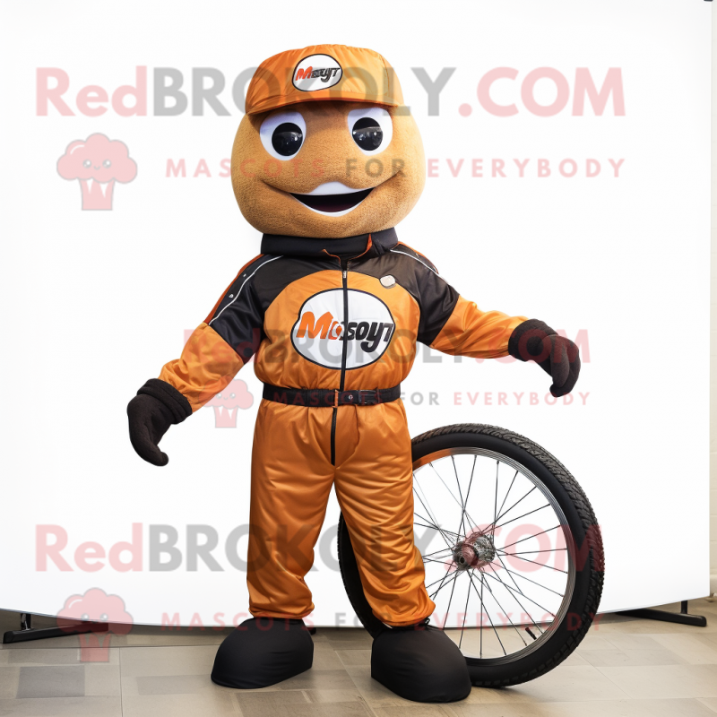 Rust Unicyclist mascot costume character dressed with a Bomber Jacket and Ties