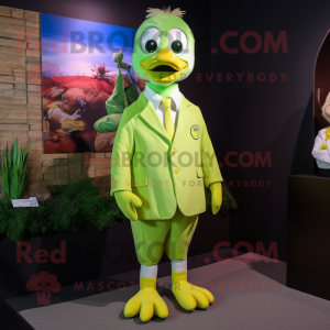 Lime Green Gosling mascot costume character dressed with a Suit Jacket and Rings