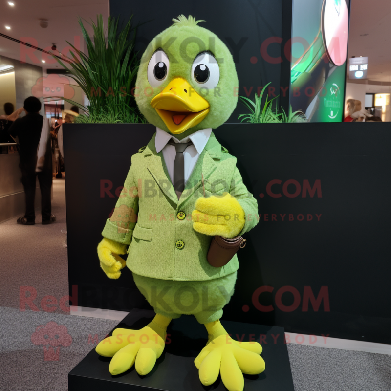 Lime Green Gosling mascot costume character dressed with a Suit Jacket and Rings