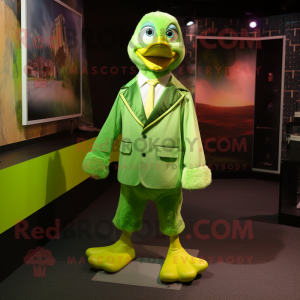 Lime Green Gosling mascot costume character dressed with a Suit Jacket and Rings