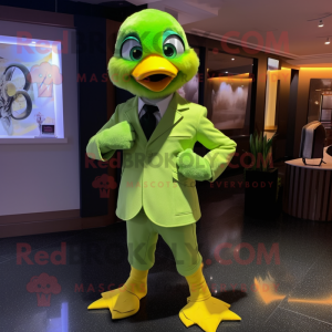 Lime Green Gosling mascot costume character dressed with a Suit Jacket and Rings