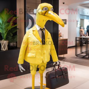 Lemon Yellow Ostrich mascot costume character dressed with a Blazer and Messenger bags
