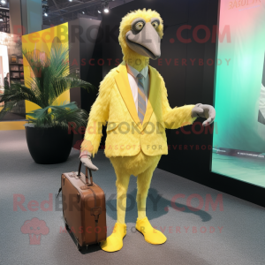 Lemon Yellow Ostrich mascot costume character dressed with a Blazer and Messenger bags
