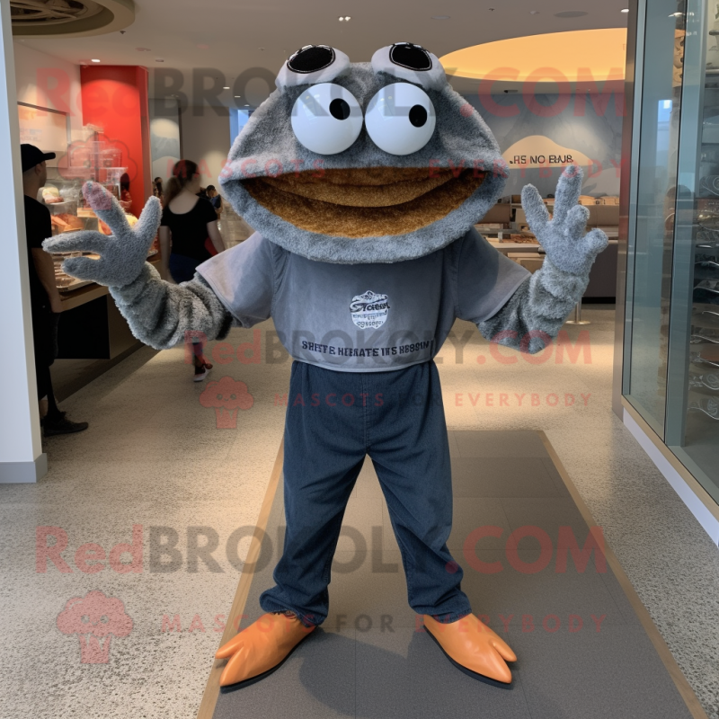 Gray Crab Cakes mascot costume character dressed with a Skinny Jeans and Cummerbunds