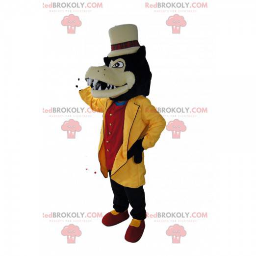 Mascotte lupo dandy con la sua giacca gialla e cappello beige -
