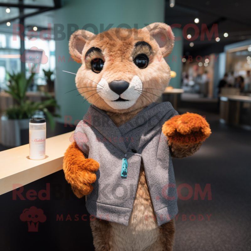 Tan Jaguarundi mascot costume character dressed with a Cardigan and Mittens Tan Jaguarundi mascot costume character dressed with a Cardigan and Mittens