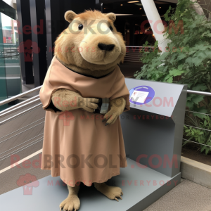 Tan Capybara mascot costume character dressed with a A-Line Skirt and Shawl pins