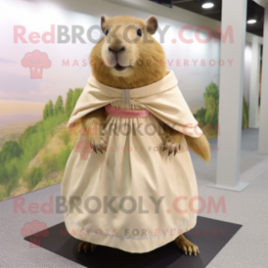 Tan Capybara mascot costume character dressed with a A-Line Skirt and Shawl pins