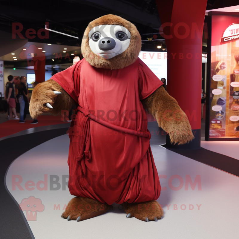 Maroon Giant Sloth mascot costume character dressed with a Wrap Dress and Foot pads