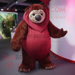 Maroon Giant Sloth mascot costume character dressed with a Wrap Dress and Foot pads