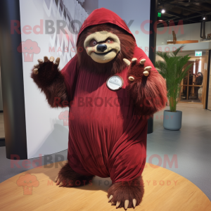 Maroon Giant Sloth mascot costume character dressed with a Wrap Dress and Foot pads