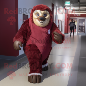 Maroon Giant Sloth mascot costume character dressed with a Wrap Dress and Foot pads