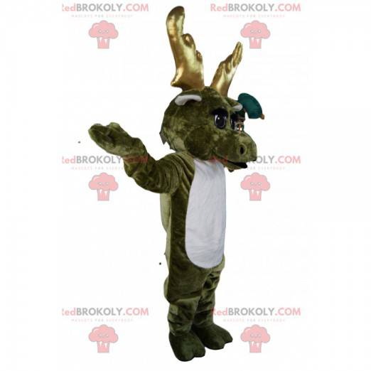 Khaki reindeer mascot with golden antlers. Reindeer costume. -