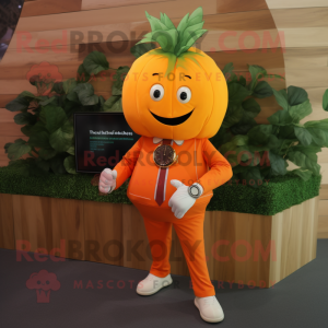 Orange Beet mascot costume character dressed with a Suit Jacket and Bracelet watches