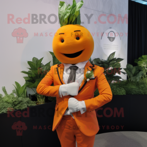 Orange Beet mascot costume character dressed with a Suit Jacket and Bracelet watches