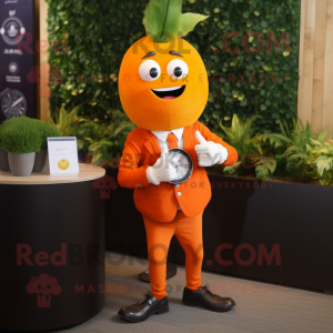 Orange Beet mascot costume character dressed with a Suit Jacket and Bracelet watches