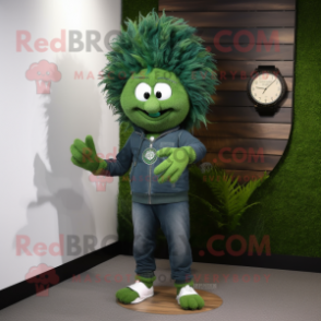 Forest Green Momentum mascot costume character dressed with a Skinny Jeans and Bracelet watches