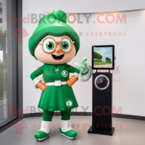Forest Green Irish Flag mascot costume character dressed with a Shift Dress and Smartwatches