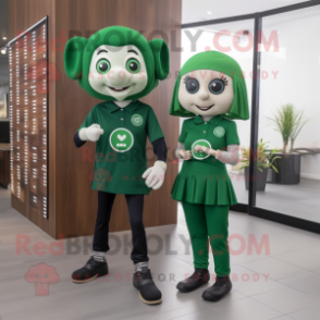 Forest Green Irish Flag mascot costume character dressed with a Shift Dress and Smartwatches