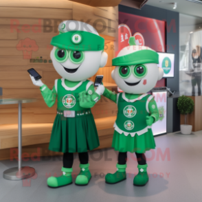 Forest Green Irish Flag mascot costume character dressed with a Shift Dress and Smartwatches
