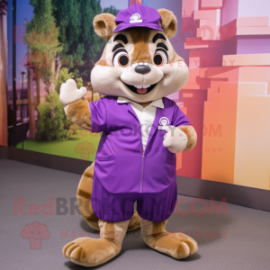 Purple Chipmunk mascot costume character dressed with a Culottes and Shoe clips