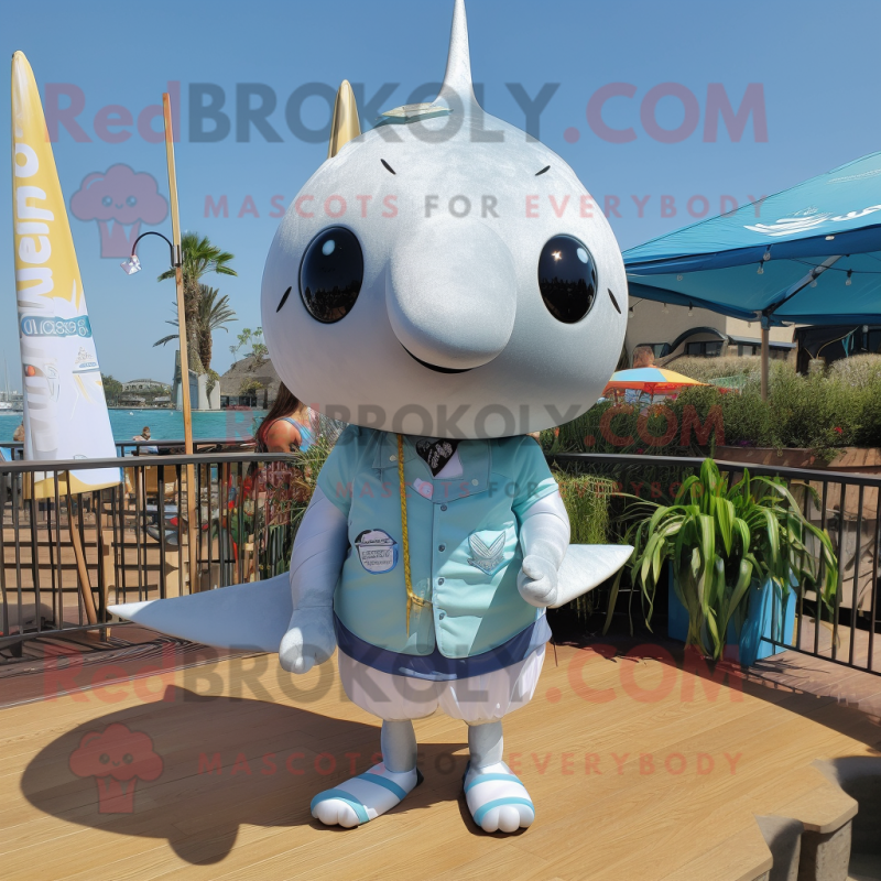 Silver Narwhal mascot costume character dressed with a Board Shorts and Tie pins