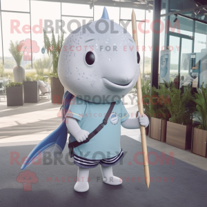 Silver Narwhal mascot costume character dressed with a Board Shorts and Tie pins