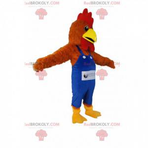 Mascote de frango marrom com macacão azul. - Redbrokoly.com