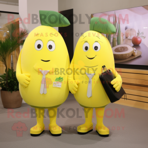 Lemon Yellow Zucchini mascot costume character dressed with a Suit and Clutch bags