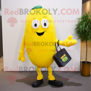 Lemon Yellow Zucchini mascot costume character dressed with a Suit and Clutch bags