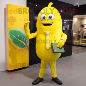 Lemon Yellow Zucchini mascot costume character dressed with a Suit and Clutch bags