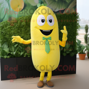 Lemon Yellow Zucchini mascot costume character dressed with a Suit and Clutch bags