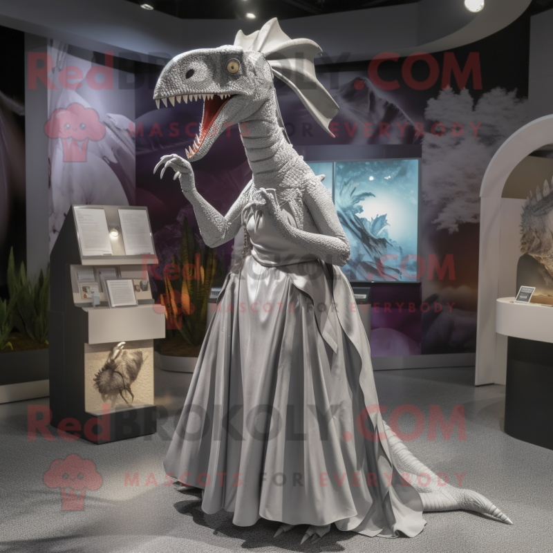 Silver Dimorphodon mascot costume character dressed with a Maxi Skirt and Hairpins